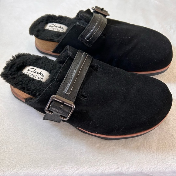 Clarks Shoes - Clarks Women's Clog Shoes Size 8.5 M Black Faux Fur Lined Buckle Mules